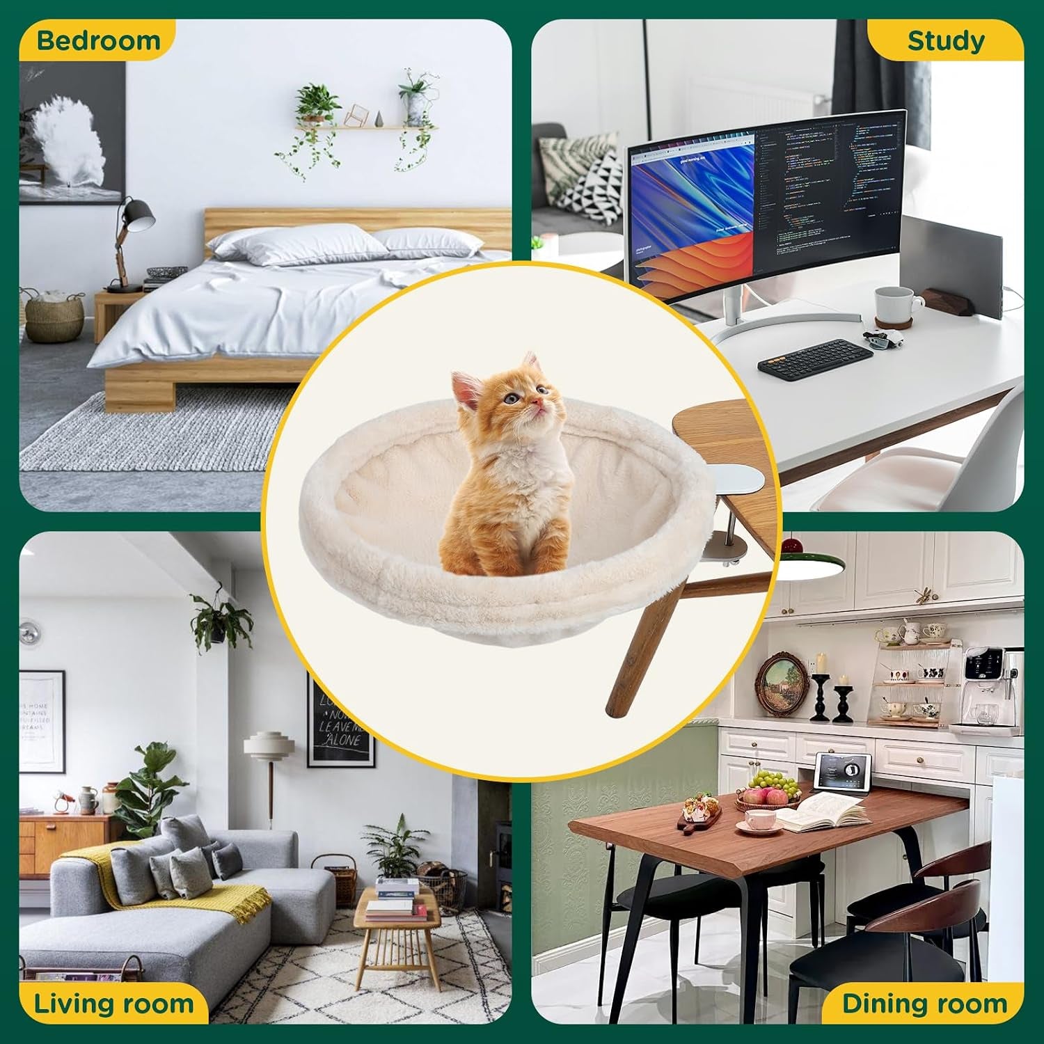 Cat Desk Bed, round Cat Bed for Desk，Adjustable Steel Frame, Indoor Desk Perch for Cat up to 25 Lbs, Unique and Modern Cat Furniture（Cream）